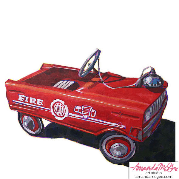 fire truck pedal car Art Print: Vintage Pedal Car "Lil Fire Chief (on white)" – Amanda McGee art studio