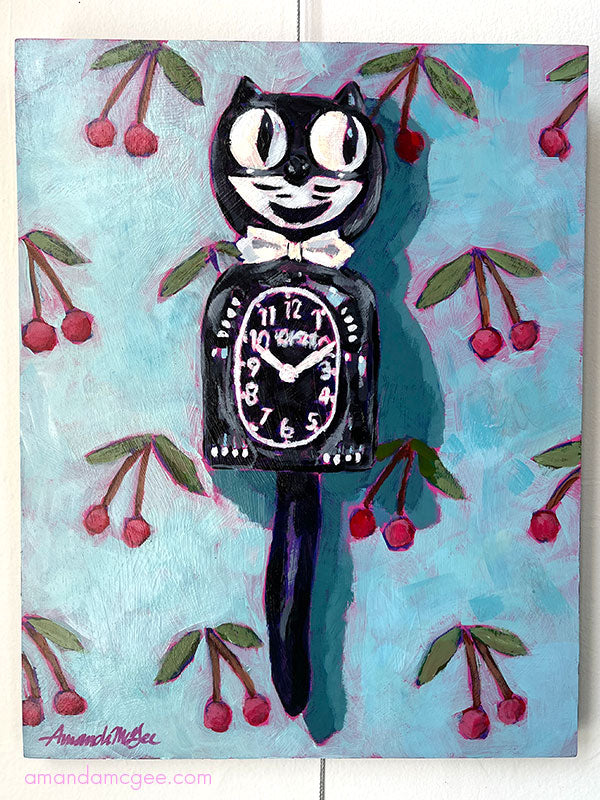 "Cat Clock and Cherries" Acrylic Painting