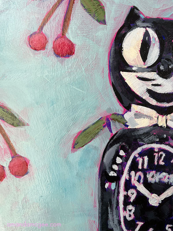 "Cat Clock and Cherries" Acrylic Painting