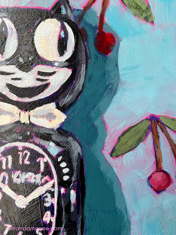 "Cat Clock and Cherries" Acrylic Painting