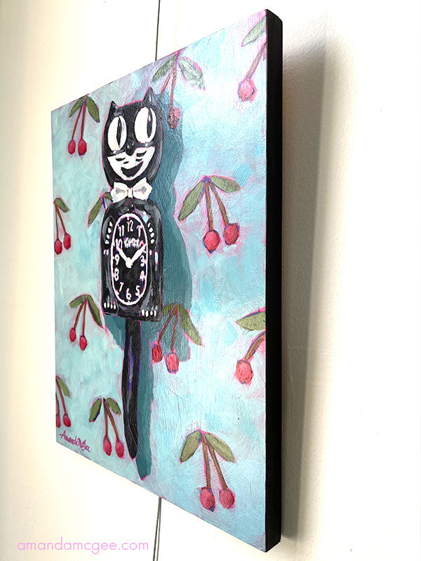 "Cat Clock and Cherries" Acrylic Painting