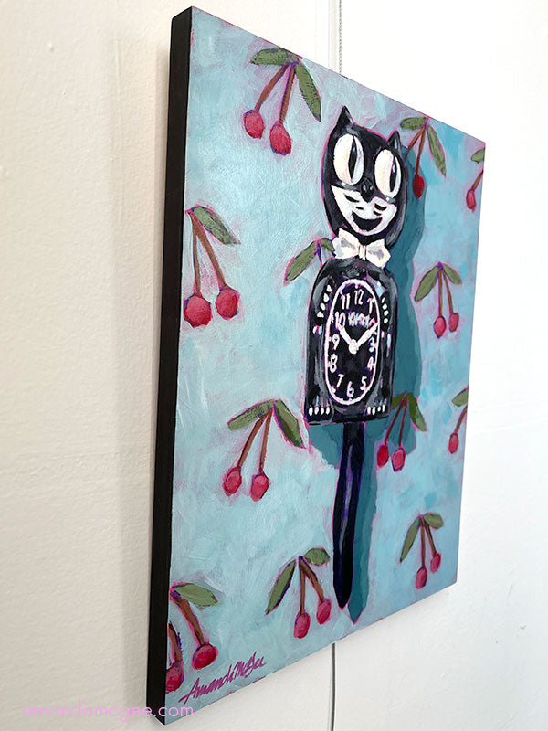 "Cat Clock and Cherries" Acrylic Painting