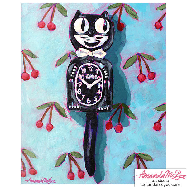 Art Print: "Cat Clock + Cherries"