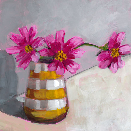 Art Print: "Three Cosmos in a Striped Vase"