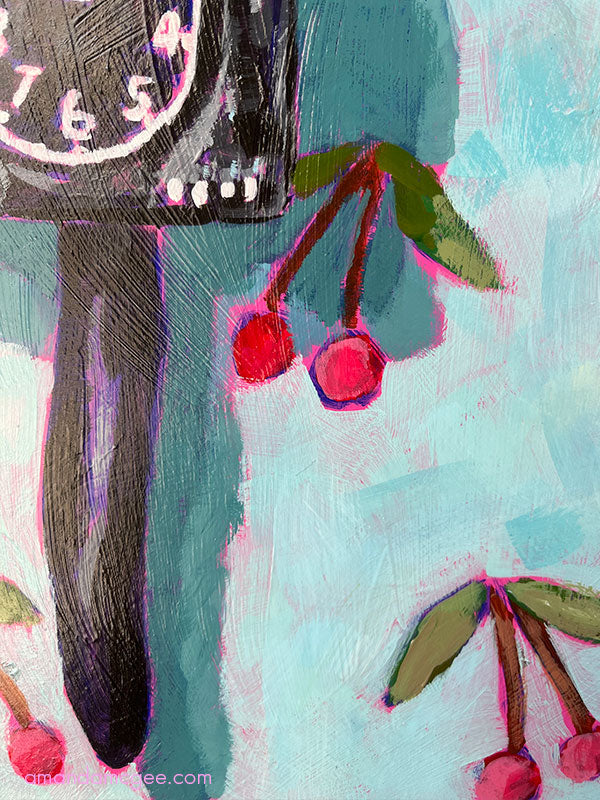 "Cat Clock and Cherries" Acrylic Painting